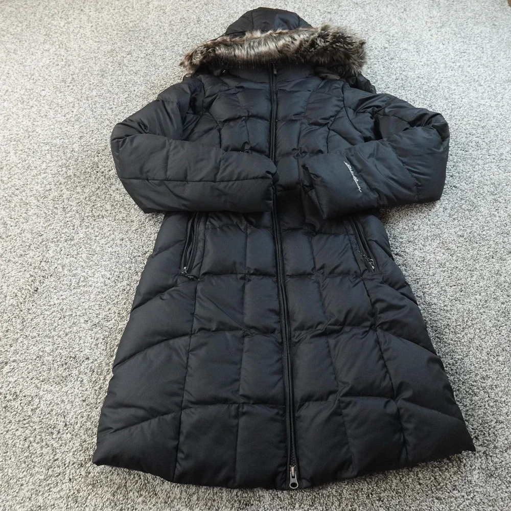 Eddie Bauer Jacket Womens XS Black EB650 Down Puffer Long Parka Trench Coat Hike